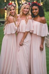 Simple Blush Pink Off Shoulder Mermaid Bridesmaid Dresses for Wedding Guest Party Cascading Ruffles Chiffon Formal Cheap Gowns Custom