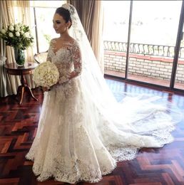 Lace Applique A Line Wedding Dress Long Sleeve with Flowers Pearls Court Train Sheer Neck Buttons Back Custom Made Wedding Bridal Gowns