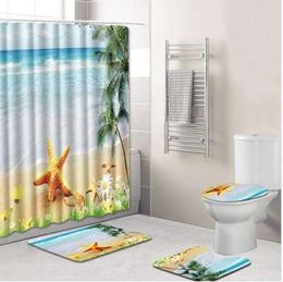 8 Types 4Pcs Set Bathroom Non-Slip Pedestal Rug + Lid Toilet Cover + Bath Mat+Shower curtain