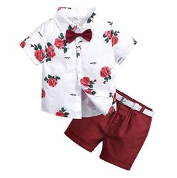 Conjunto de roupas infantis para meninos, conjunto de roupas de verão para bebês meninos, camisas florais + shorts, 2 peças, terno de cavalheiro com gravata