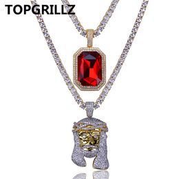 TOPGRILLZ Hip Hop Necklace Gold Color Iced Out Micro Pave CZ Stone Red Stone Pharaoh Pendant Necklace With CZ Stone Tennis Chain