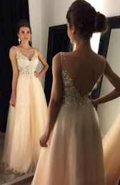 2019 Sexy Prom Dresses V Neck Lace Appliques Crystal Beaded Illusion Peach Champagne Tulle Long Formal Party Dress Backless Evening Gowns