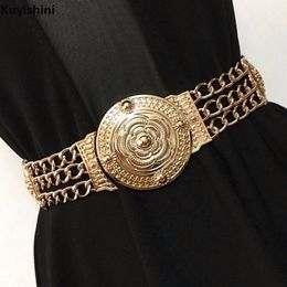 Fashion Gold Carved Flower Hollow Metal Chain Waist Belt for Women Dress Elastic Belts Wide Girdle High Quality Female S18101807