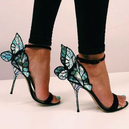 SW Fashion Summer 2022 Sweet Butterfly Wings High Heel Sandals Sexy Open Toe Ankle Wrap Buckle Strap Sandales Talon Femme Designer Shoes Women Prom Party Ladies Pumps