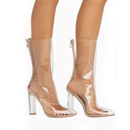 New Fashion Transparent Ankle Boots Sexy Clear Shoes Women Plus Size Short Botas Femininas Pointed Toe Crystal Perspex Block High Heels Bottines Spring Summer 2022