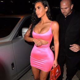 X82602Ohvera Kim Kardashian Abito aderente rosa in raso Donna Mini abiti da festa sexy senza schienale Elegante abito estivo con cinturino 2018 Vestidos