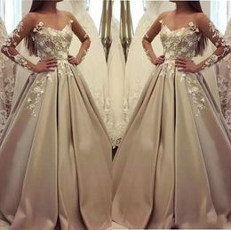 Charming Satin Lace Evening Dresses Long Sleeve Illusion Saudi Arabia Vestidos De Festa Party Dress Prom Formal Pageant Celebrity Gowns