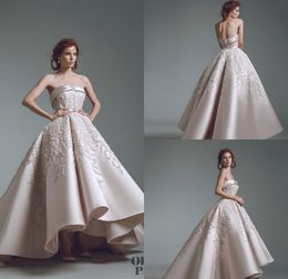 2019 Ashi Studio Prom Dresses Strapless Lace Appliques Beaded High Low Satin Tulle Elegant Evening Dress Custom Made Formal Party Gowns