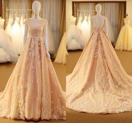 Luxury 3D Floral Flowers Wedding Dresses Empire Waist Bateau Short Sleeve Applique Lace Draped Pleats Party Dress Bridal Wedding Gowns Plus