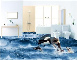 Realistic HD Bathroom 3D Ocean Dolphin Jumping Water Flooring self adhesive wallpaper