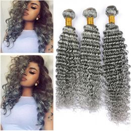 Virgin Brazilian Grey Coloured Human Hair Extensions Deep Wave Double Wefts Silver Grey Brazilian Human Hair Weave Bundles 3Pcs Lot