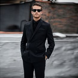 2018 Men Suits Black Peaked Lapel Double Breasted Wedding Suits Bridegroom Business Slim Fit Tuxedo 2Piece Custom Made Blazer Prom Best Man