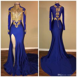 2018 Royal Blue High Collar With Gold Lace Applique Long Sleeves Evening Dresses Mermaid Split Side High Vintage Party Prom Gowns