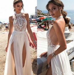 Berta Sexy Wedding Dresses Halter Neckline Lace Appliques Beach Bridal Gowns Backless High Split A-Line Wedding Dress Robe De Mariée