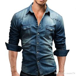 Men Shirt Brand 2017 Male Long Sleeve Shirts Casual Solid Color Denim Slim Fit Dress Shirts Mens 3XL 3011