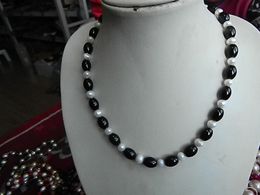 Hand knotted beautiful natural 8x12mm rice shape black agate & white pearl necklaces 50cm 2pc/lot fashion jewelry