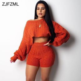 ZJFZML 2019 Autumn Winter 2 Two Piece Set Women Long Sleeve Knitted Sweater Crop Tops And Bodycon Shorts Casual Outfit Warm Tracksuit
