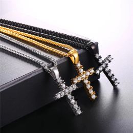 Latin Cross Pendant Ice Out Chain Necklace Men Women Gift Christian Jewelry Hiphop Cubic Zirconia Stainless Gold Color P1108