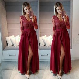 Burgundy Long Sleeves Prom Dresses Sexy V-neck Long Sleeves Formal Occasion Dress Lace Appliques Split A Line Chiffon Long Prom Gowns