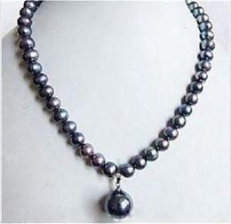 7-8mm Black Tahitian Pearl Necklace & Shell Pearl Drop 18''