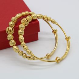 2 Pieces Carved Beads Bangle 18k Yellow Gold Filled Classic Style Womens Bangle Adjustable Bracelet Gift