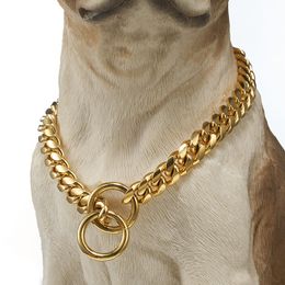 Fashion 12mm Dog Chain Collar Gold Tone 316L Stainless Steel Curb Miami Link Customise Pets Gift Wholesale Jewellery