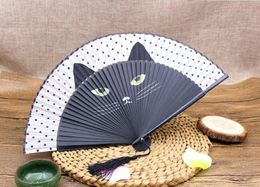 Brand New Vintage Japanese Bamboo Silk Hand Fan Cartoon Cat Painted Folding Fan Craft Xmas Christmas Gift