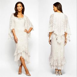 Elegant White Scoop Mermaid Chiffon Mothers Dresses High Low Evening Gowns Mother of the Bride Dresses Plus Size Long Sleeves Jacket