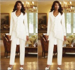 New Sheath Elegant Three Pieces Mothers Pant Suits Custom Made Ruffles Chiffon Mother of the Bride Gowns Long Sleeves