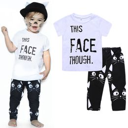 Baby Clothes Infant Kids Clothing Newborn Baby Boys Outfits Short Sleeve Letter T-shirt Tops+Cartoon Cat Face Trousers Pants 2Pcs Sets