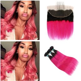 Rose Red Ombre Hair With Lace Frontal Closure Two Tone 1b Red Human Hair Weaves With Lace Frontal Closure Silky Straight Hair Extensions