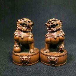 Chinese Boxwood Wood Carving Fengshui Lion Fu Foo Dog Guardion Beast Statue A Pair