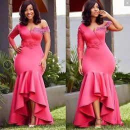 Sexy Mermaid One Long Sleeves Prom Dresses Water Melon Colour Lace Appliques Beads Evening Gowns Aso Ebi Plus Size Women Cocktail Party Dress