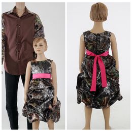 O-Neck Sleeveless Full Satin Camo Flower Girls Dresses Short Knee-Length Draped Skirt Formal Kids Camouflage Birthday Party Gowns Ribbon