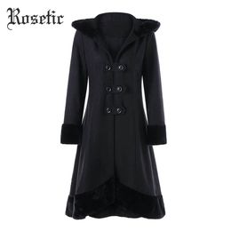 Rosetic Gothic Coat Black Women Winter Hooded A-Line Patchwork Lace-Up Christmas Overcoats Vintage Fashion Retro Warm Goth Coats