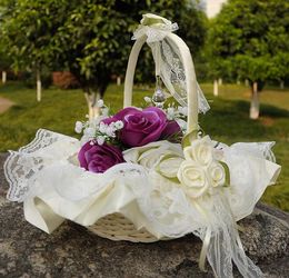 Lace Wedding Flower basket Flower Petal Fruit Basket Simulation petals Wedding Supplies Lace Ribbon Bamboo Basket
