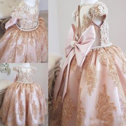 High Quality Beaded Girls Pageant Dresses Lace Appliques Pearls Cap Sleeves Flower Girl Dresses For Wedding Big Bow Birthday Party Dress