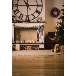 Indoor Xmas Party Photo Booth Background Printed Fireplace Big Clock Garland Christmas Tree Toy Bear Baby Kids Photography Backdrops