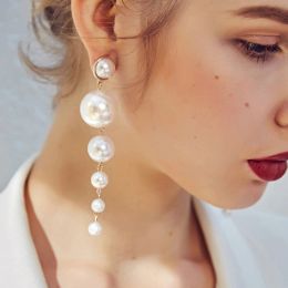 Srcoi Trendy Elegant Created Big Simulated Pearl Long Earrings Boho Pearls String Statement Dangle Earrings For Wedding Party Gift 20pairs
