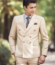 Double-Breasted Groomsmen Peak Lapel Groom Tuxedos Beige Men Suits Wedding/Prom Best Man Blazer ( Jacket+Pants+Tie ) A370