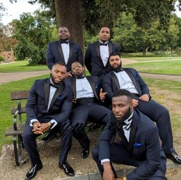 Classy Navy Blue Wedding Tuxedos Mens Suits Slim Fit Bridegroom For Men 3 Pieces Include Jacket +Pants + Bow Groomsmen Suit Formal Business