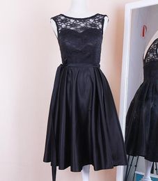 Real Photos Little Black Dress Jewel Lace and Elastic Satin Bridesmaid Dresses Cheap Knee Length Maid Of Honour Gowns Custom Made