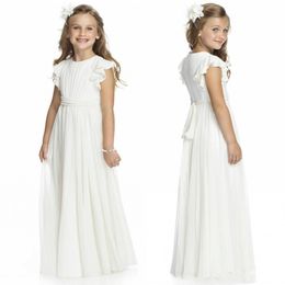 2020 Vestidos de Marfil largo de la gasa de longitud de los vestidos de las muchachas de flor para las bodas una línea de manga corta por encargo barato de primera comunión