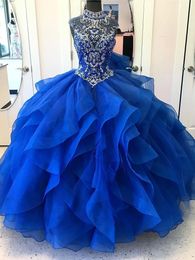 Sheer Cap Sleeves Tulle Ball Gowns Quinceanera Dresses High Neck Beaded Stones Layered Ruffles Floor Length Prom Dresses BA9514