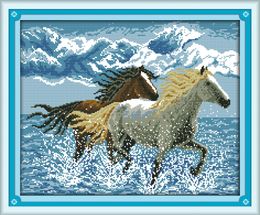 Two Running horses room decor paintings ,Handmade Cross Stitch Craft Tools Embroidery Needlework sets counted print on canvas DMC 14CT /11CT