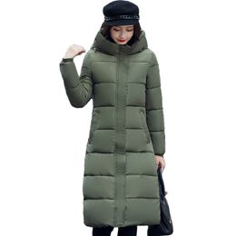 High quality 2018 stand collar coat women winter long hooded with a hat warm thicken womens jacket solid padded female parka S18101103