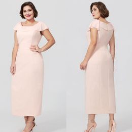 Cheap Blush Pink Sheath Mother Of The Bride Dresses Tea Length Plus Size Wedding Guest Dress Cap Sleeves Formal Evening Gowns