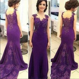 Sheath Mother Of The Bride Purple Sheer V Neck Lace Applique Beaded Cap Sleeves Backless Long Mermaid Evening Wear Prom Dresses
