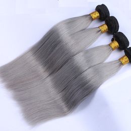 Peruvian Straight Human Hair Weaves Ombre 2 Tones 1B/Grey Color Double Wefts 100g/pc Can Be Dyed Bleached