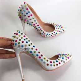 Brand new white sheepskin Colour rivet high-heeled high-heeled shoes fashion personality banquet shoes ladies single shoes custom 33-45 yards